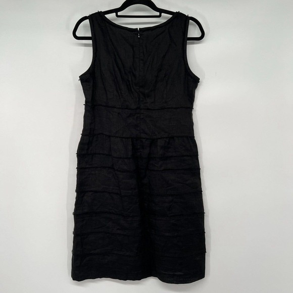 Talbots Linen Sheath Dress Sz 10 Black Faux Wrap V Neck Sleeveless Fringed Trim - Picture 2 of 7